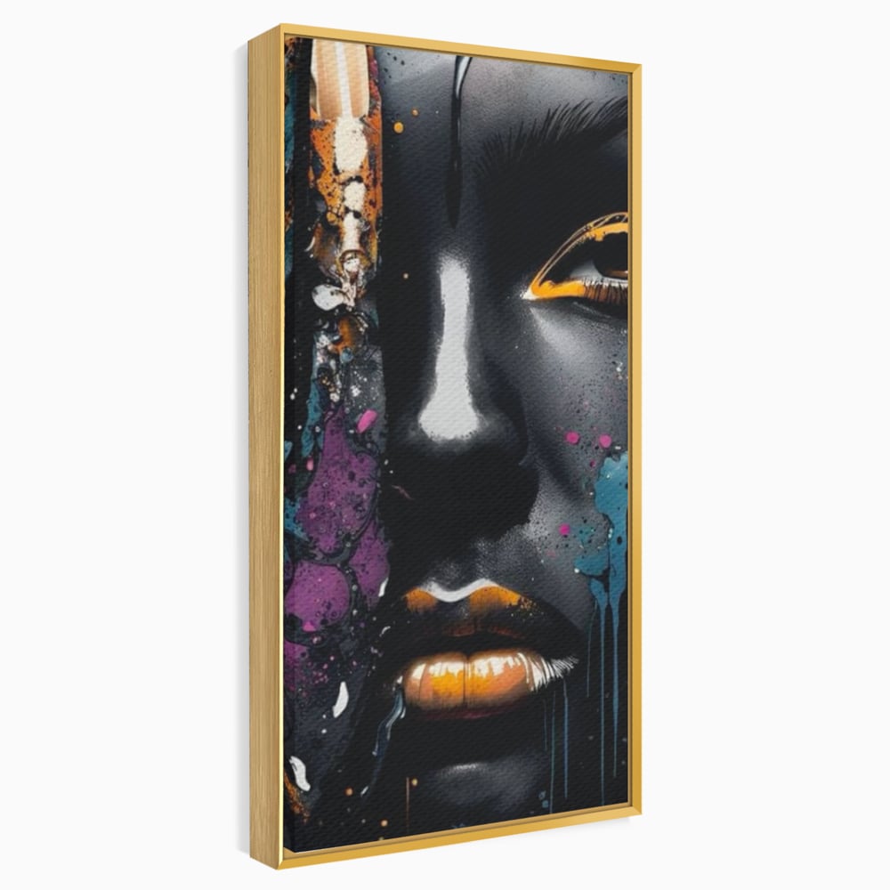 Tablou canvas cu tablou canvas cu portret street art, in rama de aluminiu auriu